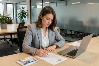 Femme signant un contrat de travail avec une carte ticket restaurant posée sur le bureau en open space moderne