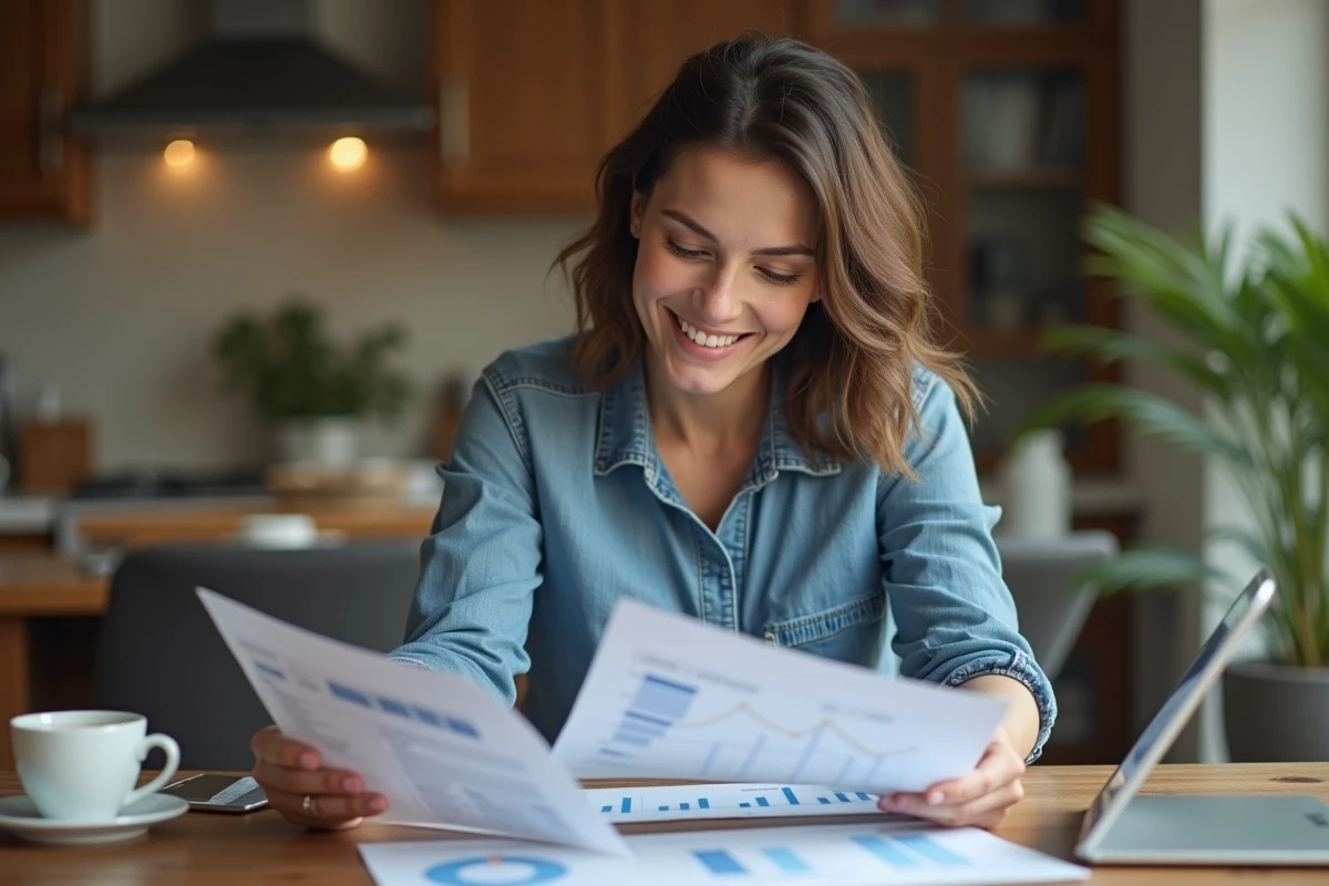 Femme souriante travaillant à la maison avec documents et café
