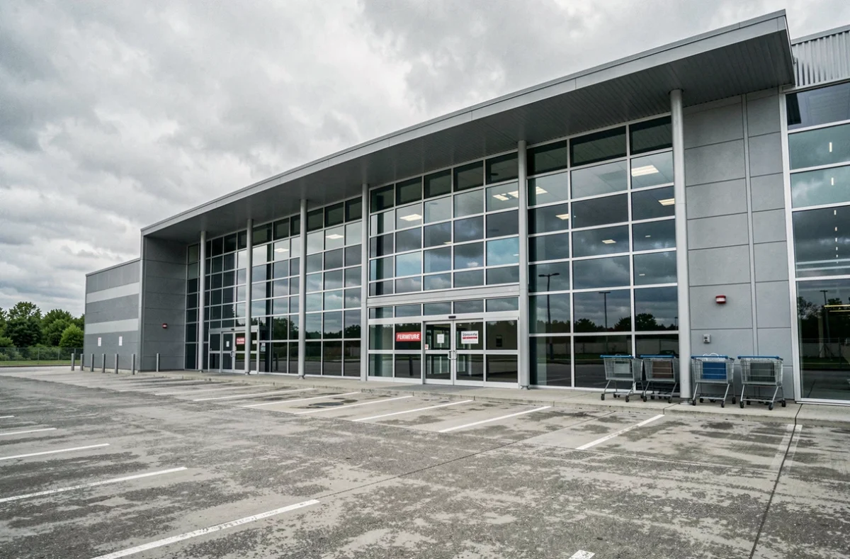 Façade extérieure d'un grand magasin de sport avec panneau de fermeture sur la vitrine et parking presque vide