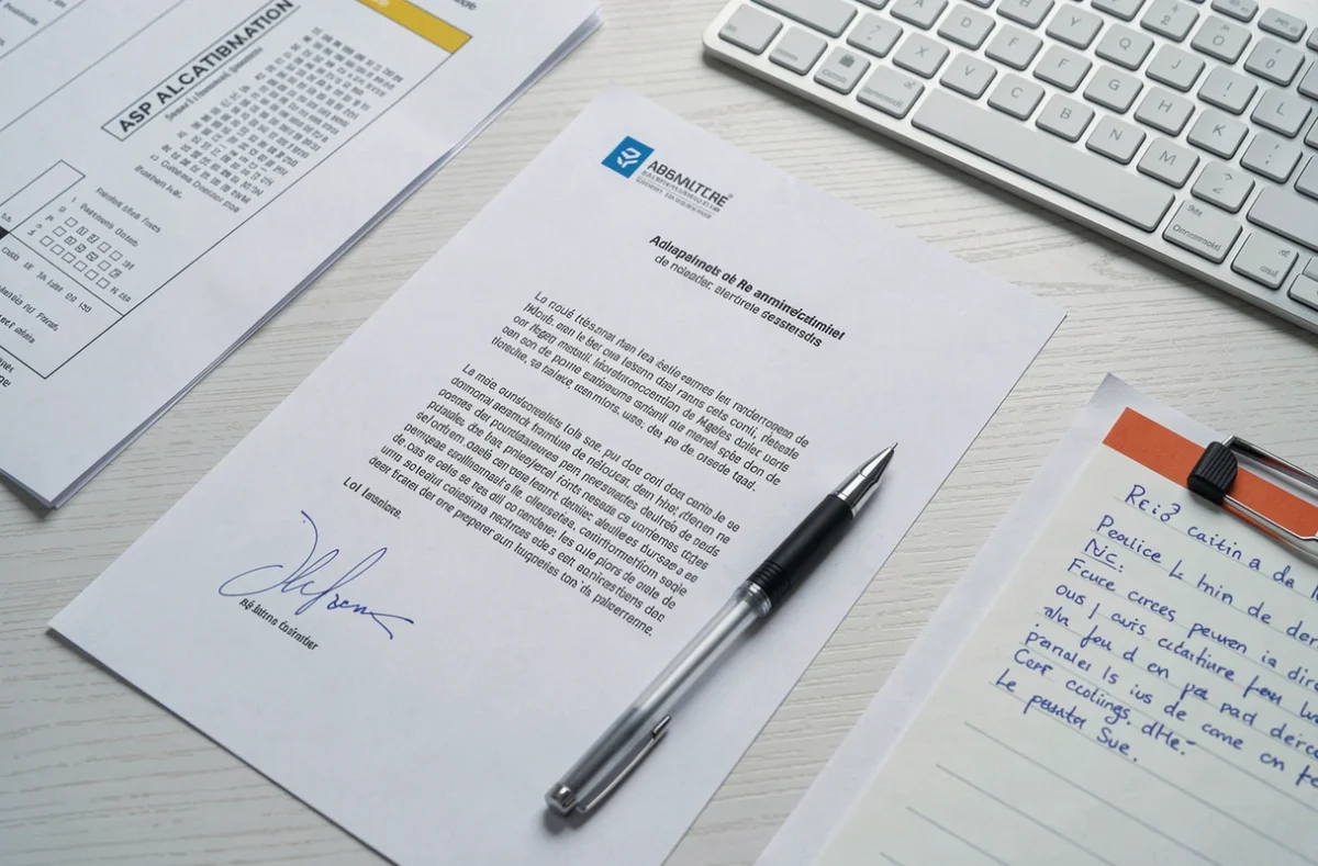 Vue aérienne d'une lettre de demande d'ASP en cours de rédaction sur un bureau avec documents administratifs