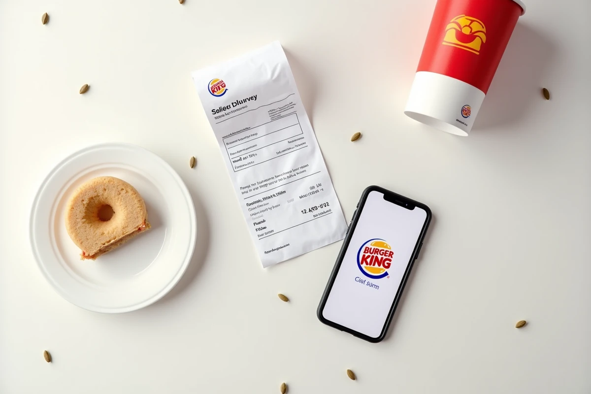 Flat-lay éditorial d'un ticket Burger King avec code sondage BKvousecoute.fr et bon de réduction sur smartphone