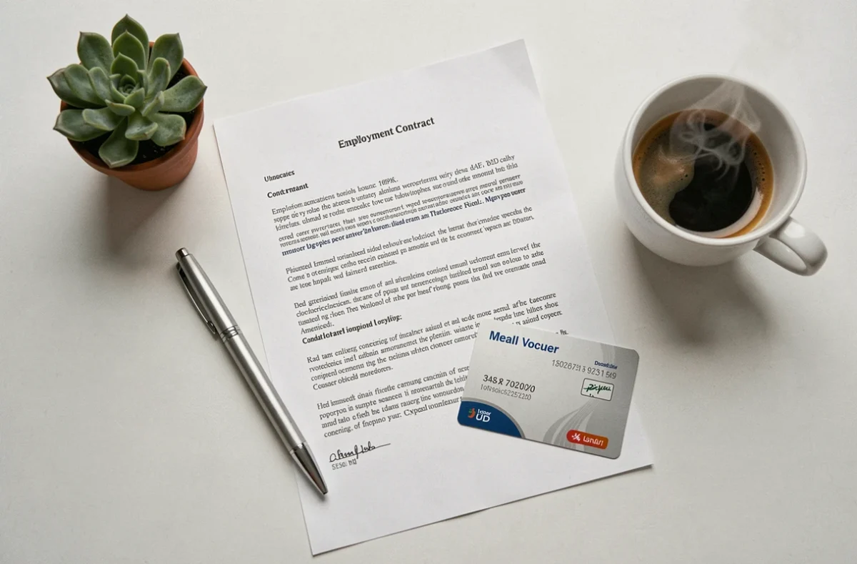 Vue de dessus d'un contrat de travail avec clause ticket restaurant, stylo et carte de titre-restaurant sur bureau blanc