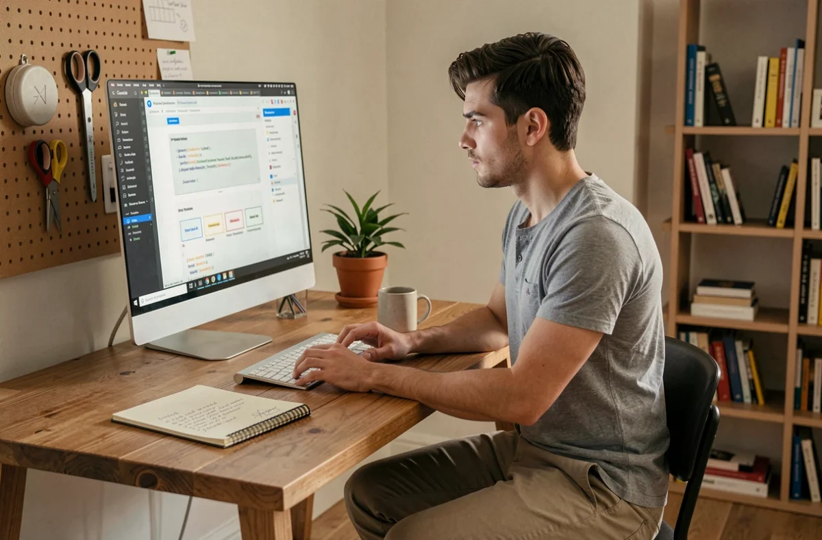 Développeur web freelance travaillant seul sur des maquettes de site internet depuis son bureau à domicile