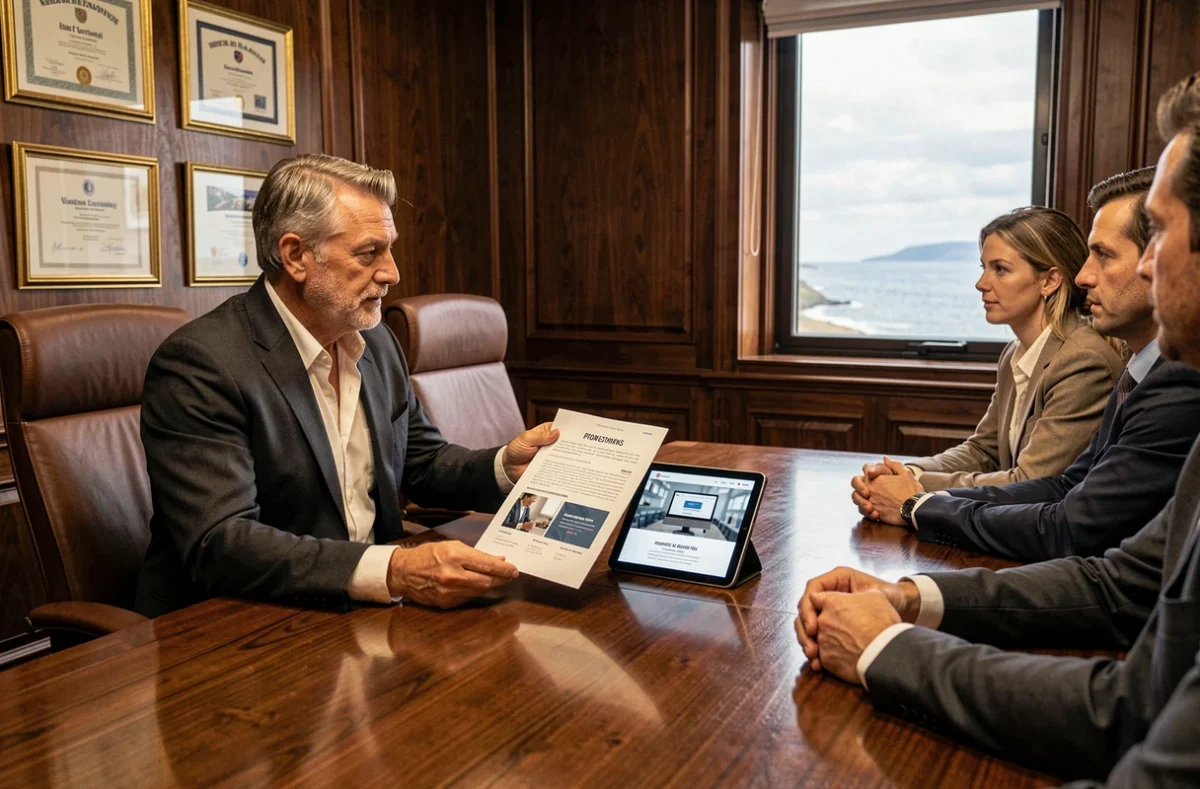 Consultant senior de GND Consulting présentant un projet de site web professionnel à une équipe dans une salle de réunion executive avec vue côtière