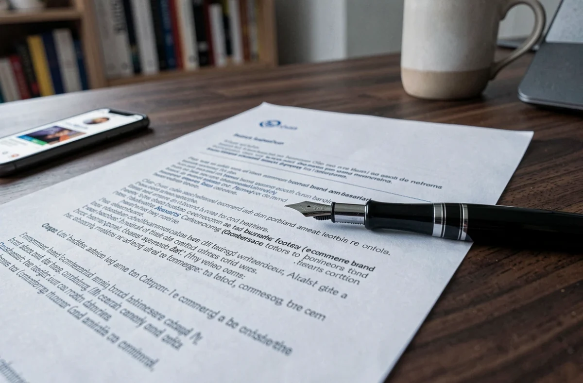 Gros plan sur un contrat d'égérie imprimé avec stylo plume sur bureau pour e-commerce