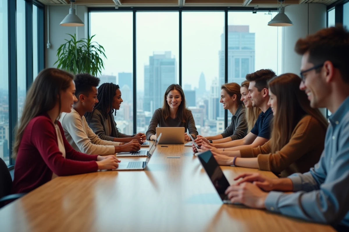 Groupe diversifié travaillant sur réseaux sociaux en coworking