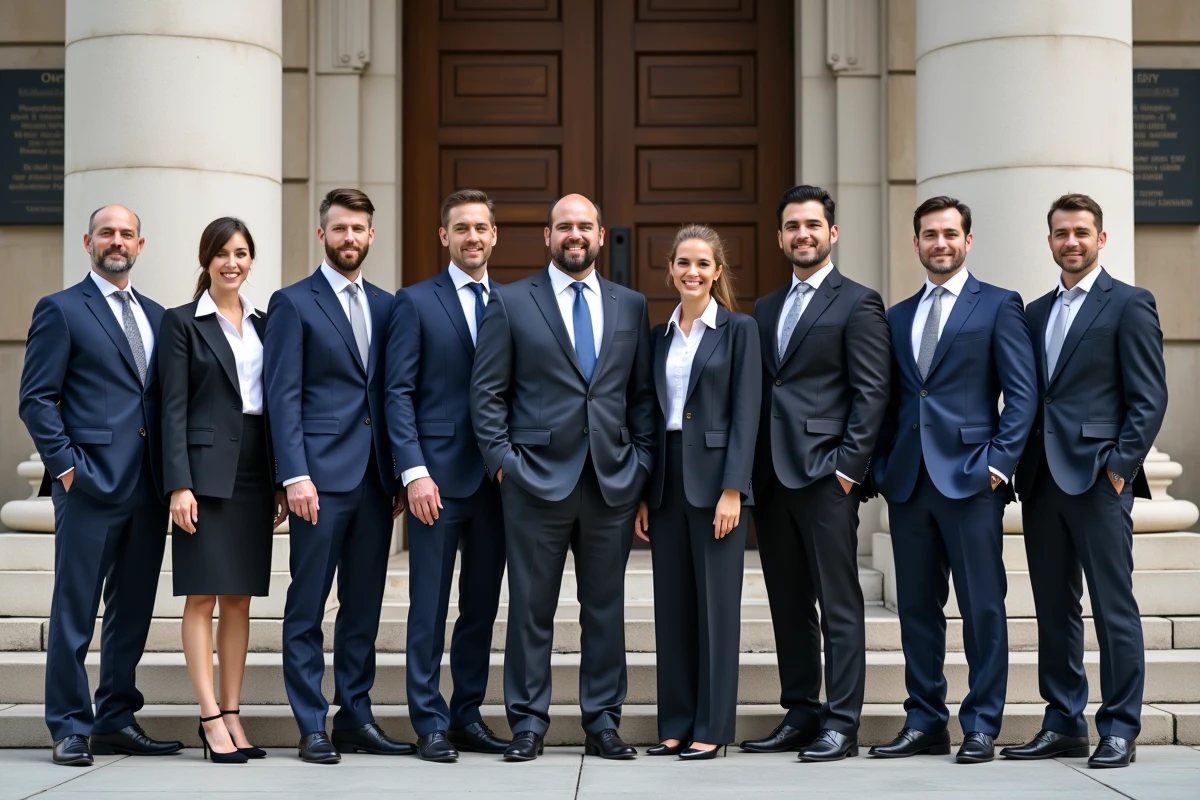Groupe de agents publics devant un bâtiment officiel