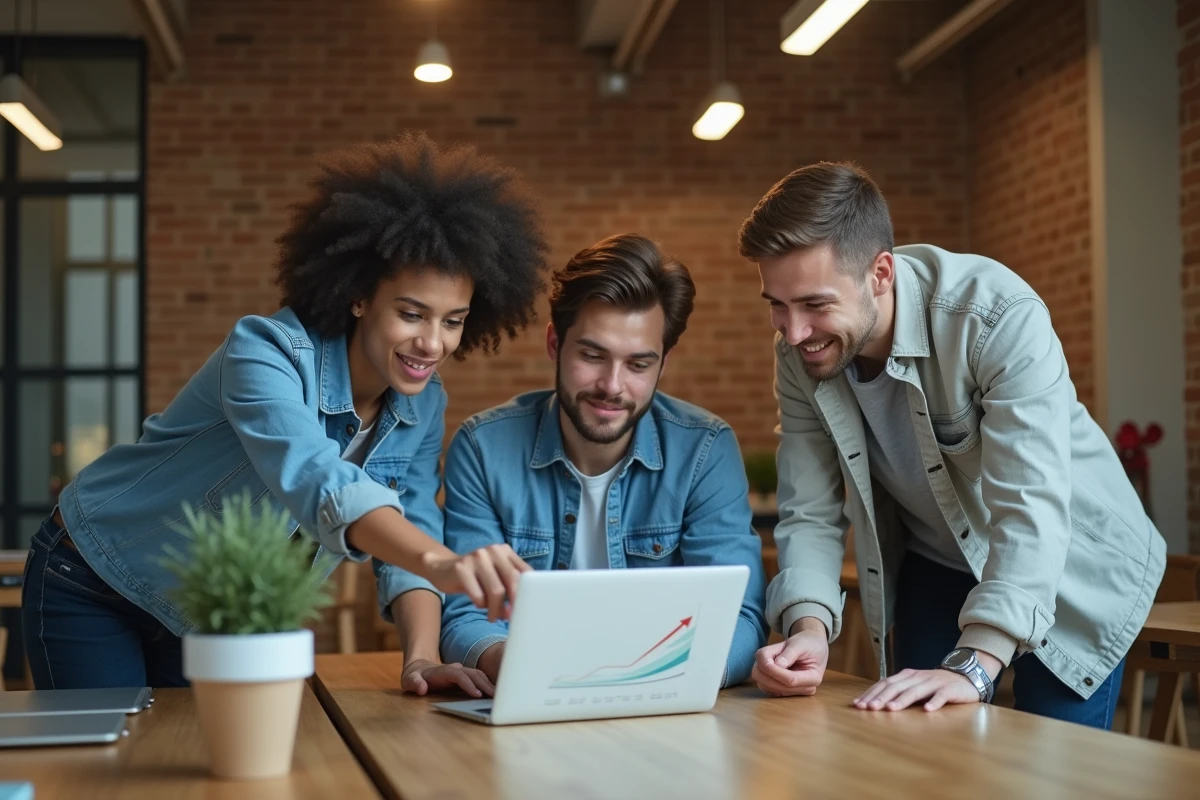 Groupe d'étudiants discutant de la définition du secteur tertiaire et de la tertiarisation autour d'un ordinateur portable