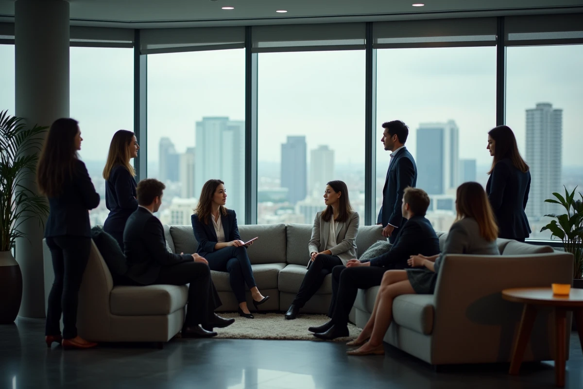 Groupe diversifié en réunion dans un bureau moderne