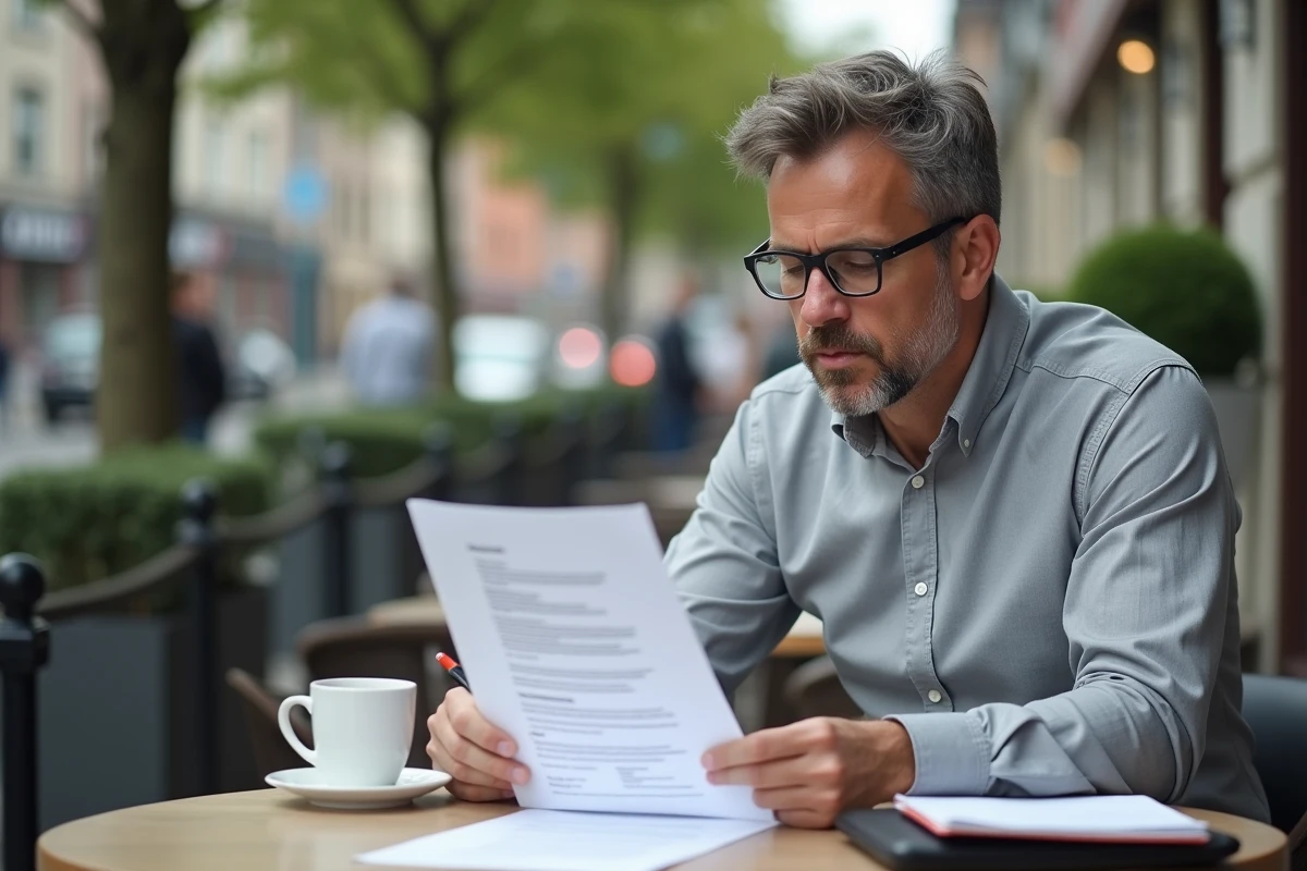 Homme en terrasse de café relisant son CV avec un stylo