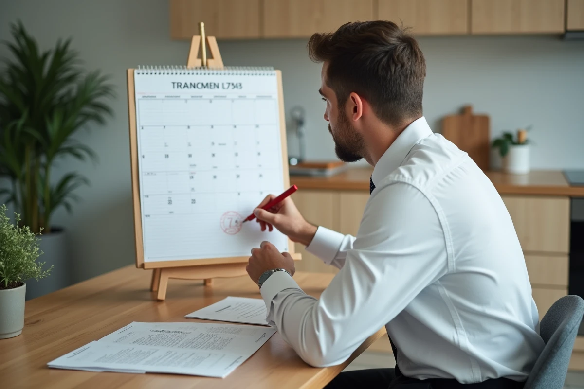 Homme marquant les jours ouvrables sur un calendrier à côté d'un contrat légal imprimé à la maison