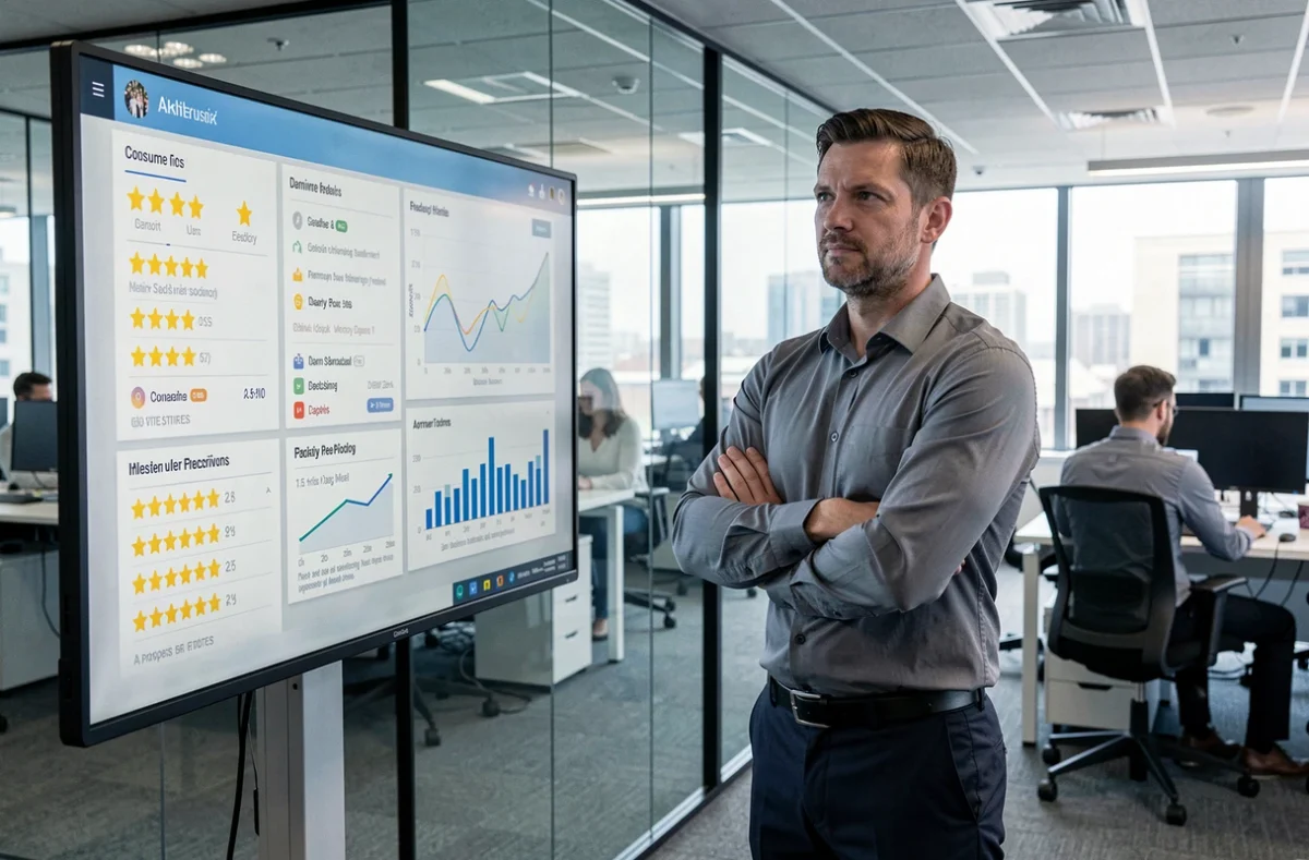 Homme examinant des graphiques d'avis consommateurs sur un grand écran dans un open space, enquête sur les évaluations de ZOZIMALLETOM LTD