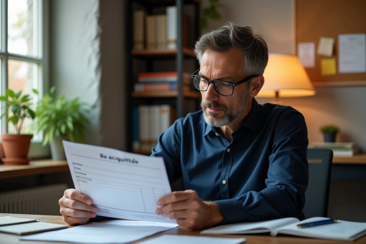 Homme vérifiant une facture acquittée dans un bureau à domicile chaleureux