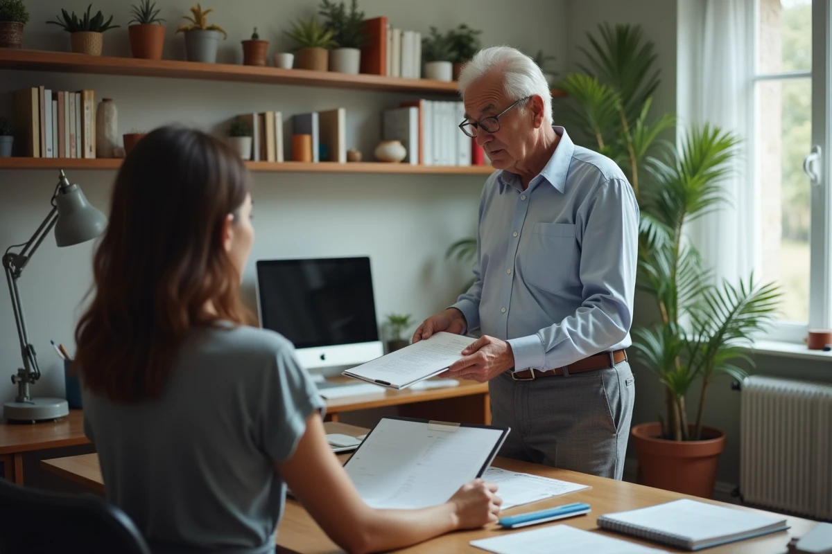 Homme d affaires offrant un dossier à une femme dans un bureau