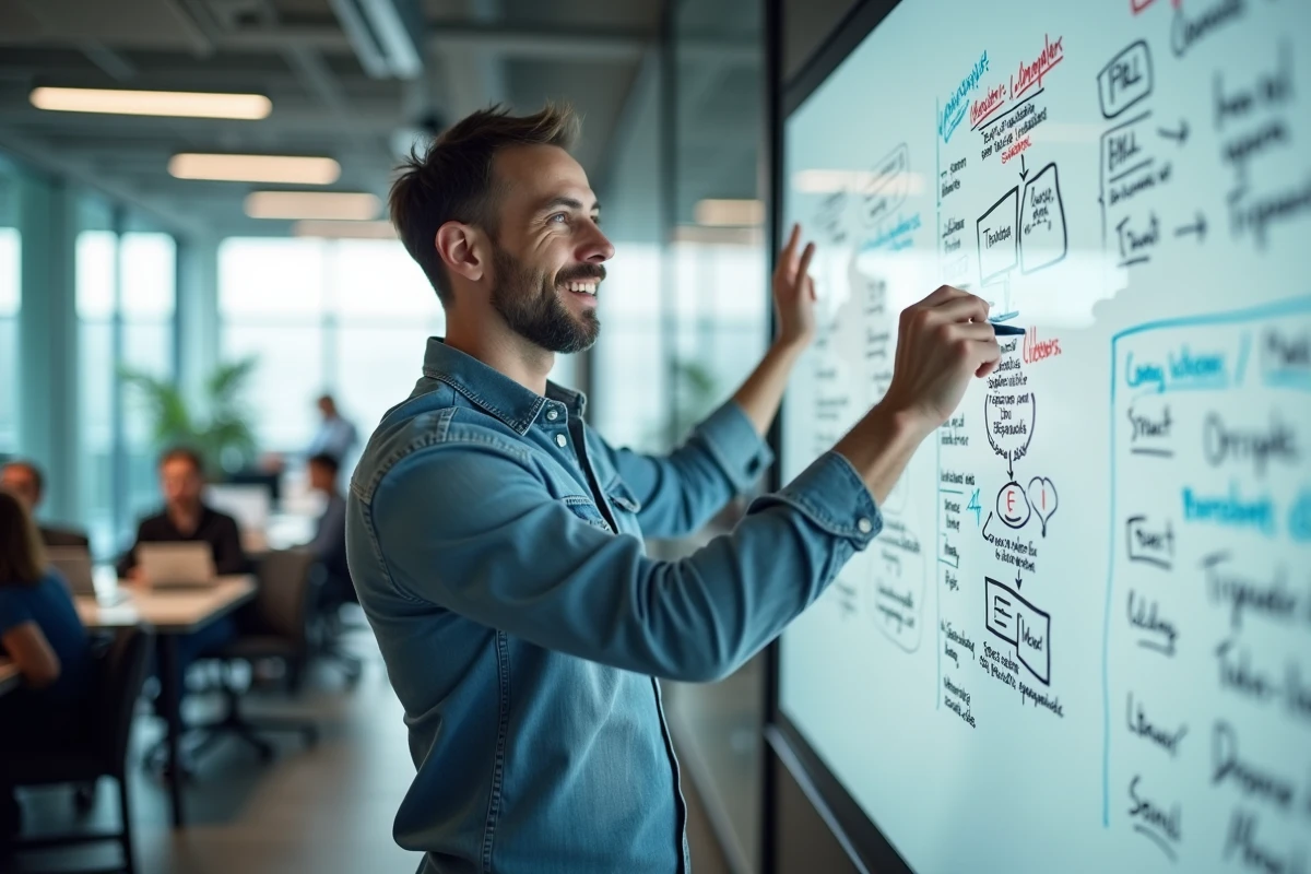 Homme en réunion expliquant un flowchart créatif