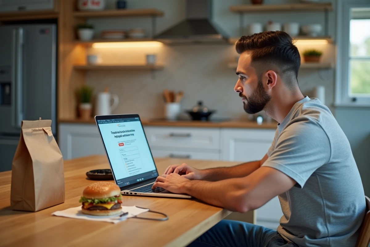 Homme remplissant le sondage de satisfaction Burger King sur son ordinateur portable depuis chez lui