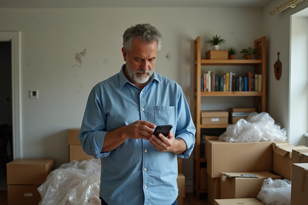 Homme consultant son téléphone pour contacter Orange lors d'un déménagement