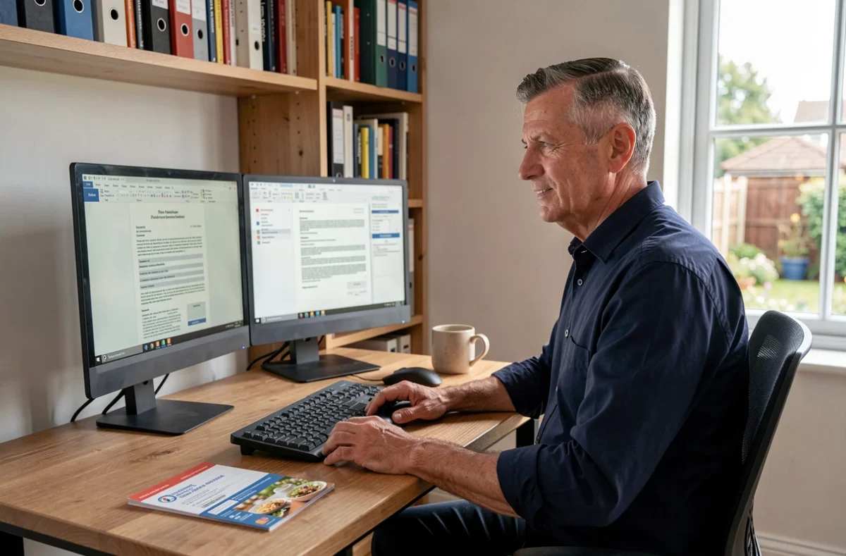 Homme en télétravail consultant un contrat de travail avec clause ticket restaurant sur son ordinateur à domicile