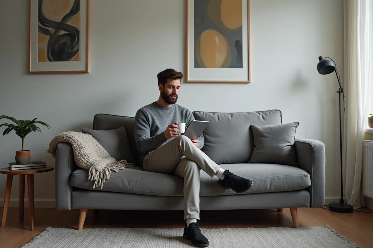 Homme en visioconference assis sur un canapé moderne
