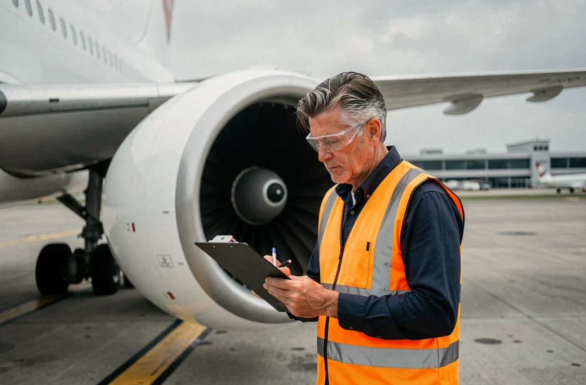 Ingénieur aéronautique inspectant le fuselage d'un avion commercial sur le tarmac lors d'un contrôle de sécurité