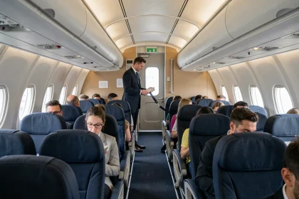 Intérieur de cabine d'avion commercial avec rangées de sièges en tissu bleu et hôtesse de l'air vérifiant les équipements de sécurité