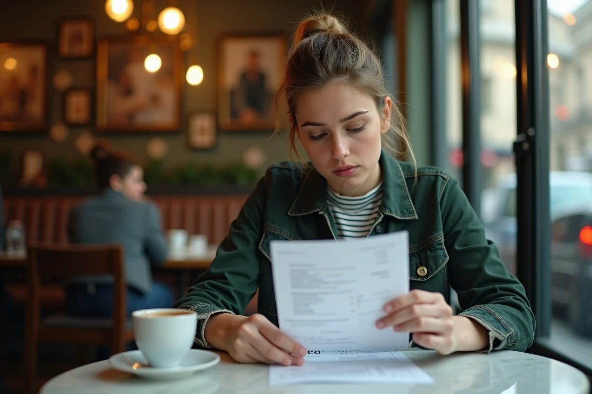 Jeune enseignante débutante analysant son premier bulletin de paie de l'éducation nationale dans un café