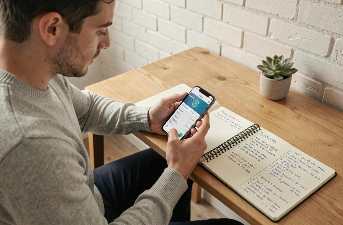 Jeune entrepreneur consultant une application de gestion budgétaire sur smartphone depuis son bureau à domicile pour sécuriser son projet de création d'entreprise