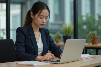 Jeune femme en bureau rédigeant une lettre de motivation