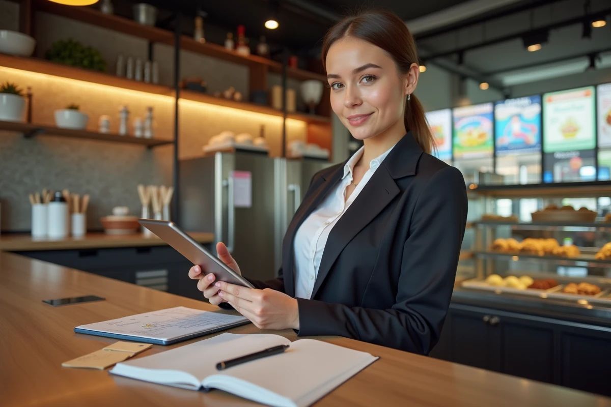 Jeune femme gestionnaire avec tablette dans un restaurant moderne