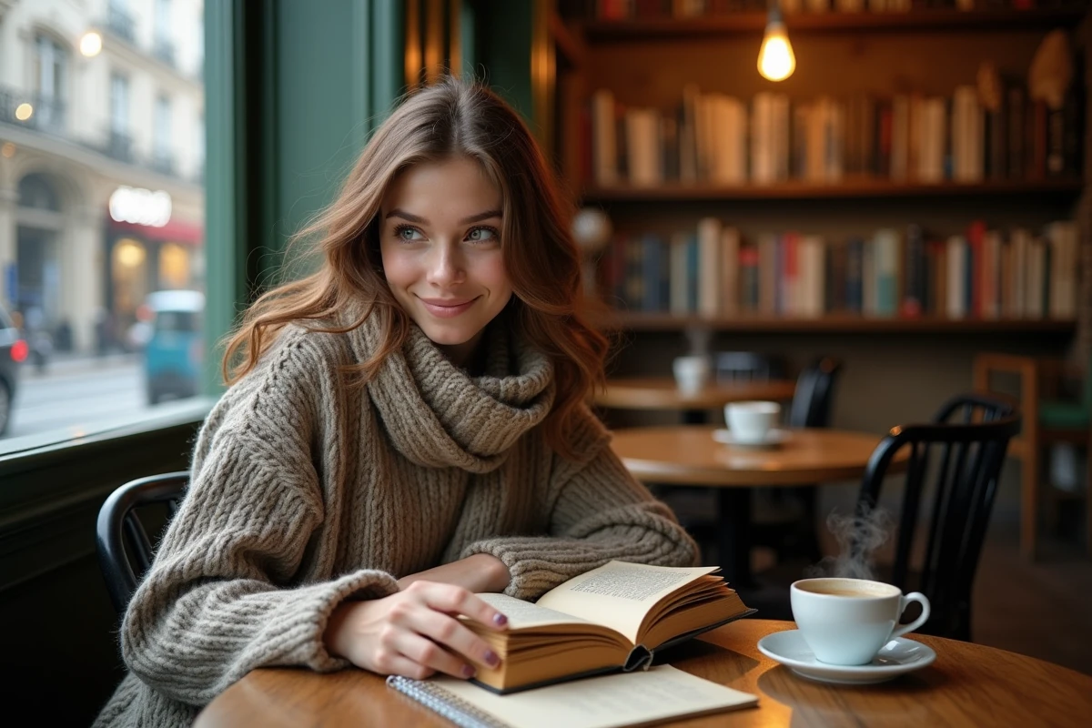 Jeune femme lisant un dictionnaire dans un café cosy