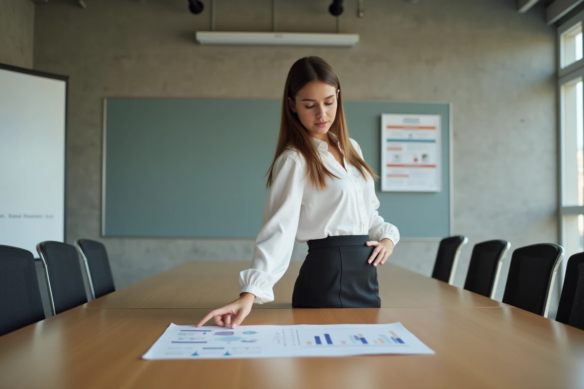 Jeune femme en blouse blanche montre un graphique juridique