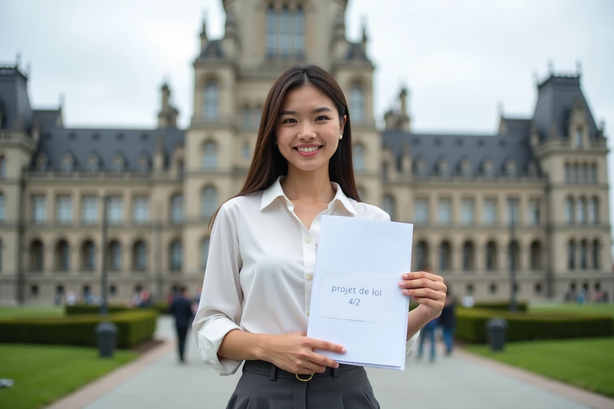 Jeune femme debout devant le parlement avec dossier Projet de loi 42