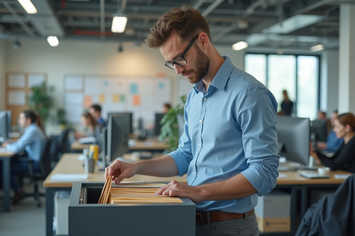 Jeune homme organisant dossiers au bureau