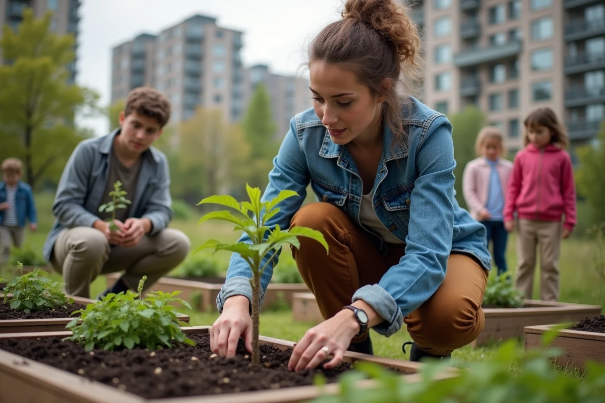 Jeune femme plantant un arbre avec des enfants dans un jardin urbain