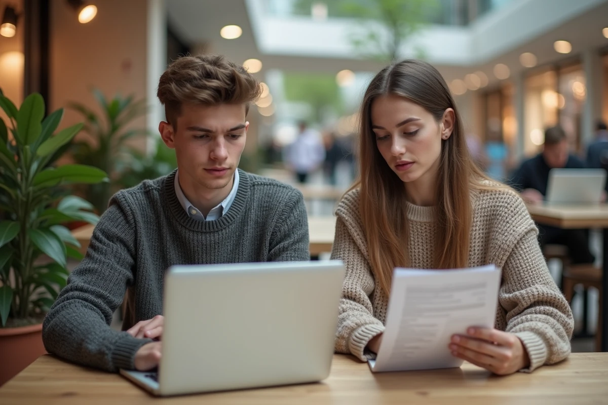 Jeunes étudiants discutant au café dans un centre commercial lumineux