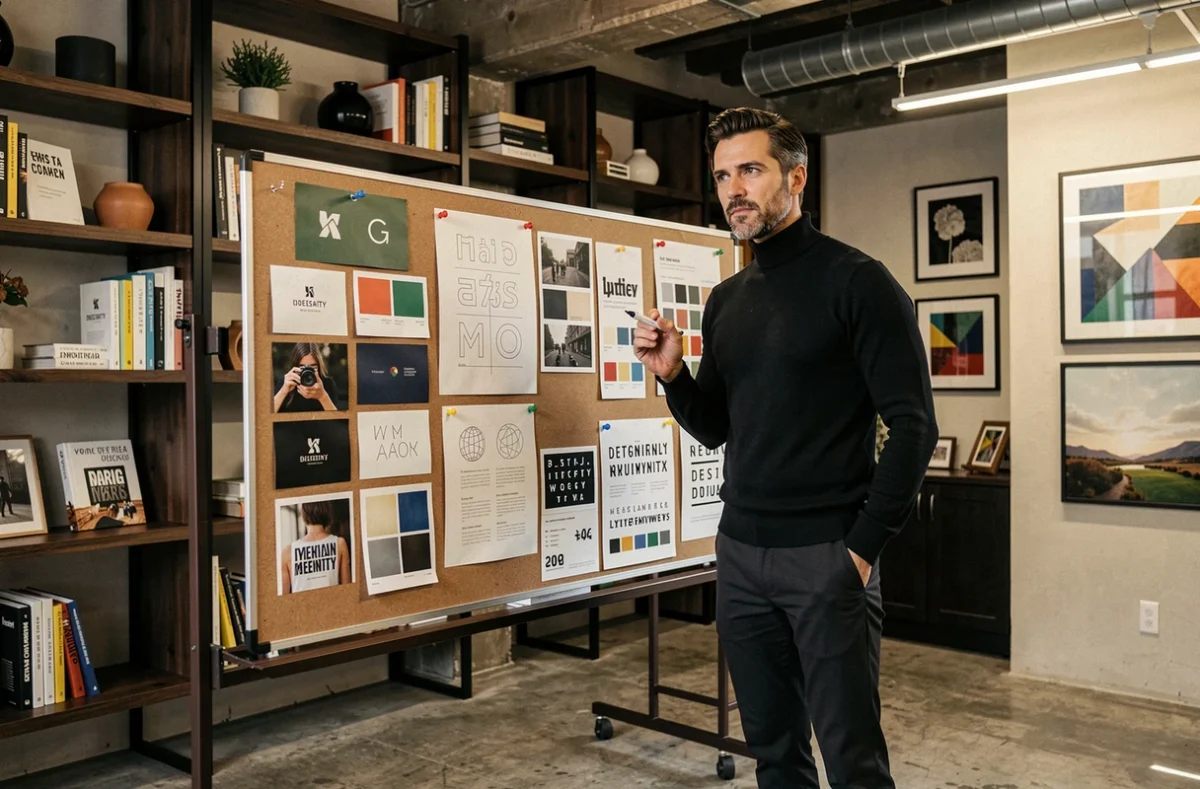 Directeur créatif de La Quincaillerie présentant une stratégie de branding sur un grand moodboard dans un studio design à Lille