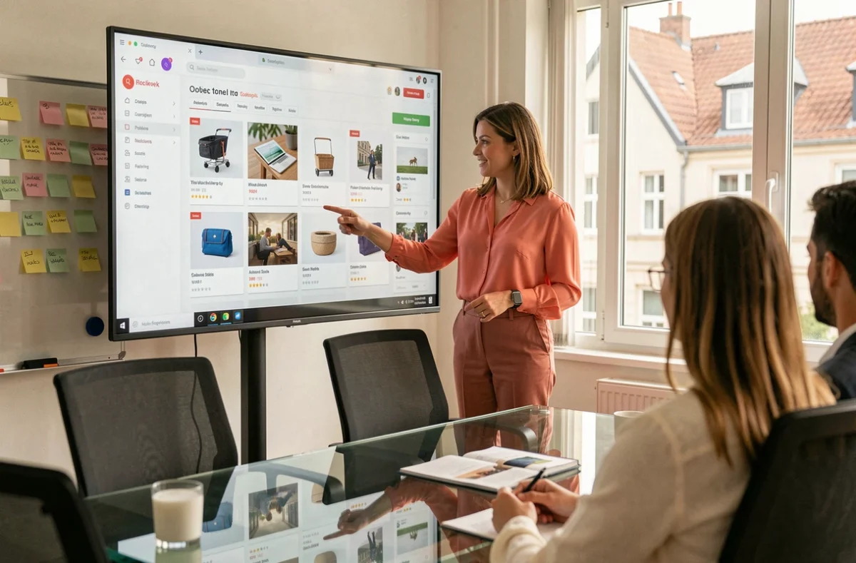 Chef de projet e-commerce de l'agence Lemon Interactive présentant une interface de boutique en ligne à son équipe à Lille
