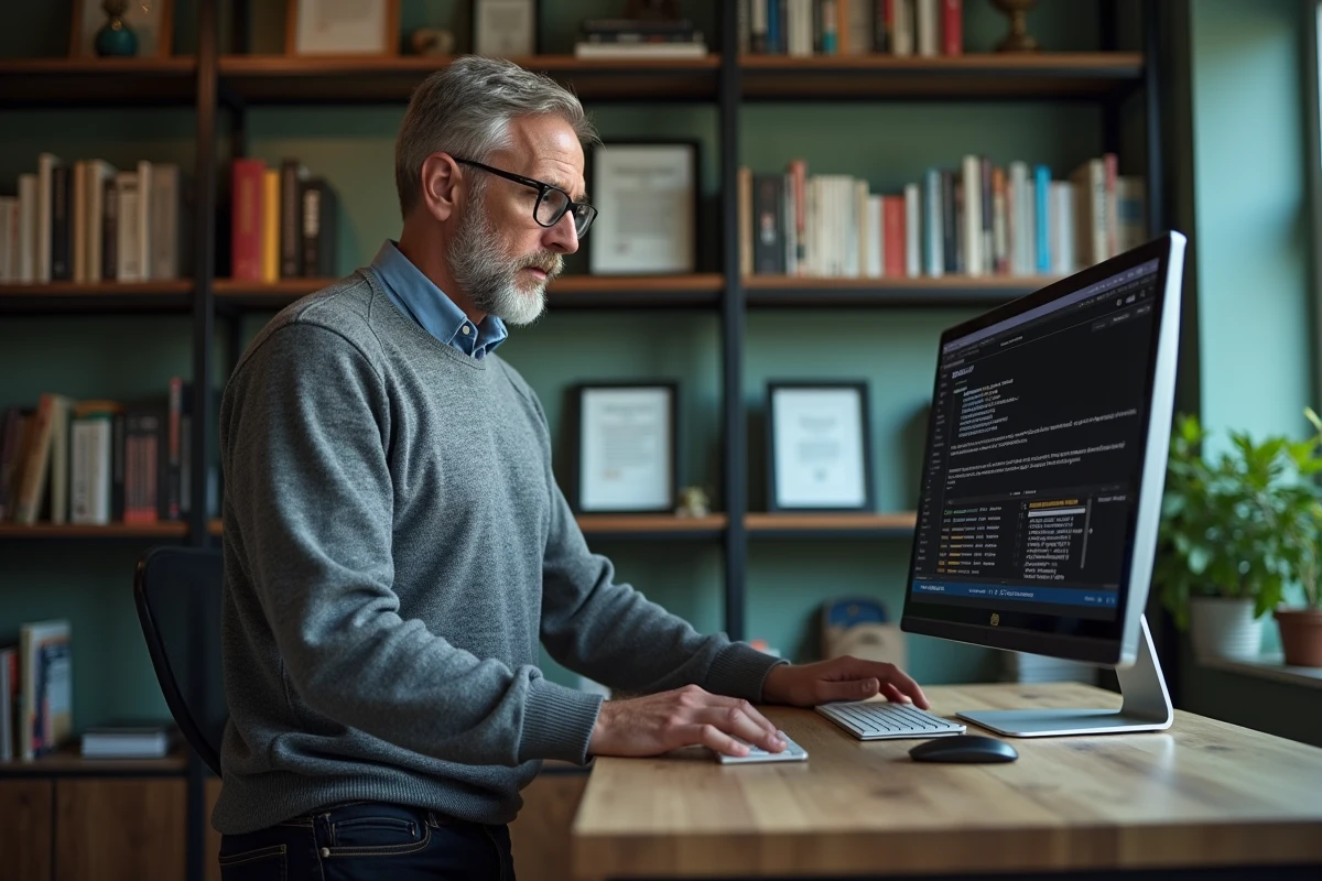 Manager expérimenté en reconversion explorant une plateforme professionnelle depuis son bureau à domicile entouré de livres de management