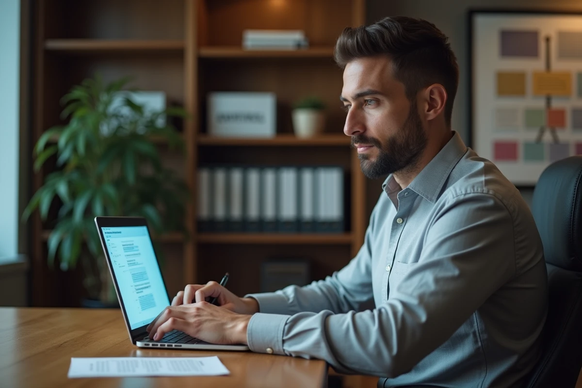 Responsable d'entreprise rédigeant une note de service claire sur ordinateur portable
