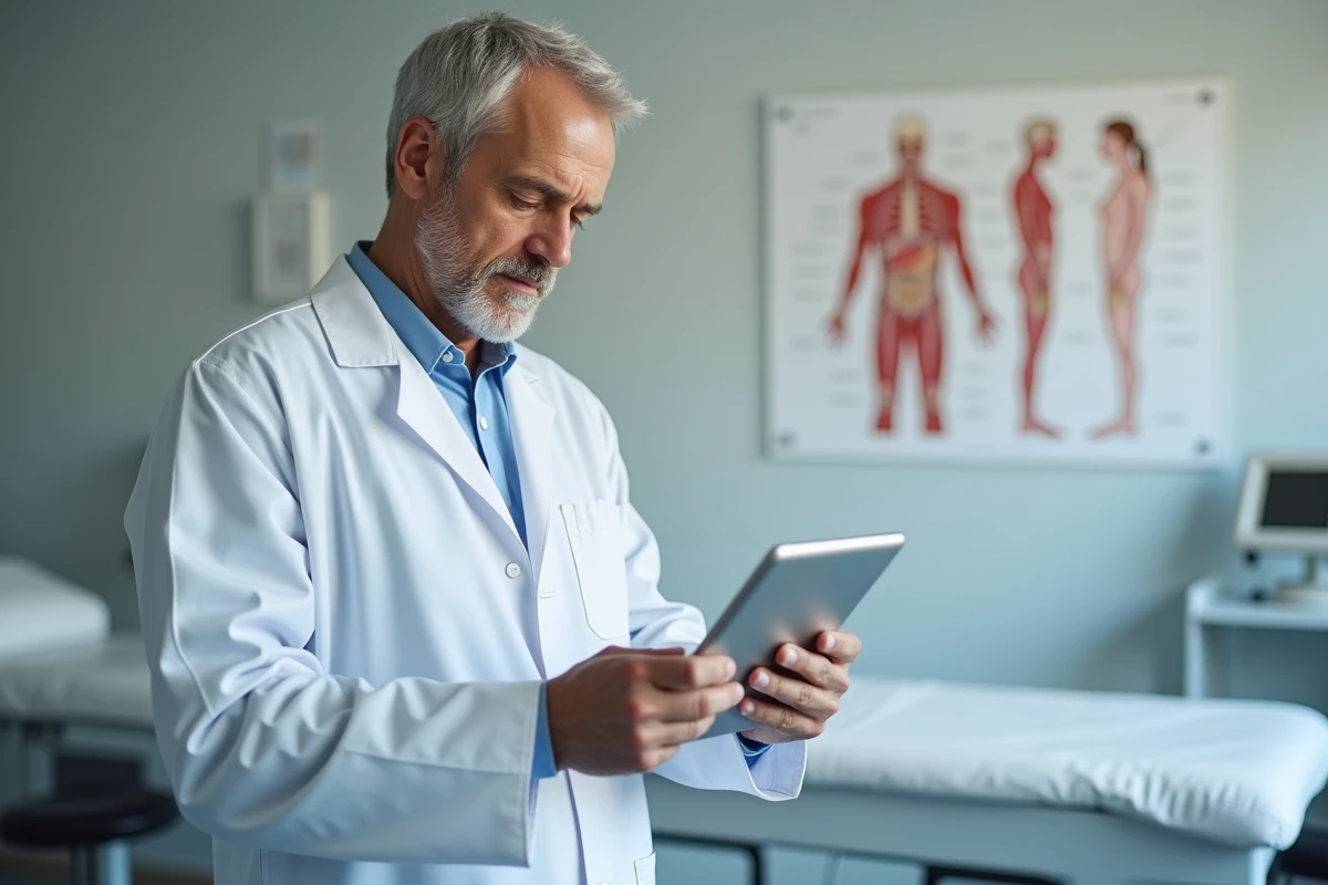 Médecin généraliste consultant son agenda numérique sur tablette dans une salle de consultation de cabinet médical