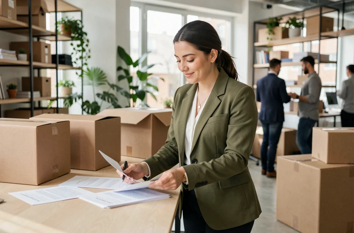 Professionnelle prenant ses marques dans un nouvel espace de travail suite à une mobilité interne, illustrant la gestion de carrière et la théorie de Peters