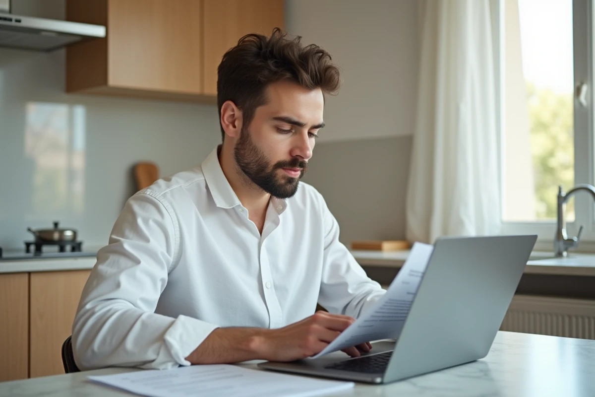 Jeune homme effectuant une modification de statuts d'association en ligne depuis son domicile