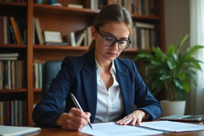 Femme consultant les statuts d'une association pour préparer une modification en ligne ou en préfecture