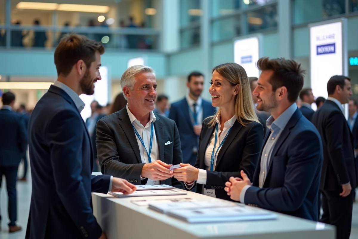 Professionnels en train de réseauter lors de l'accueil de l'événement Lesentreprisesfrenchy 2026 avec des programmes imprimés sur un stand de bienvenue