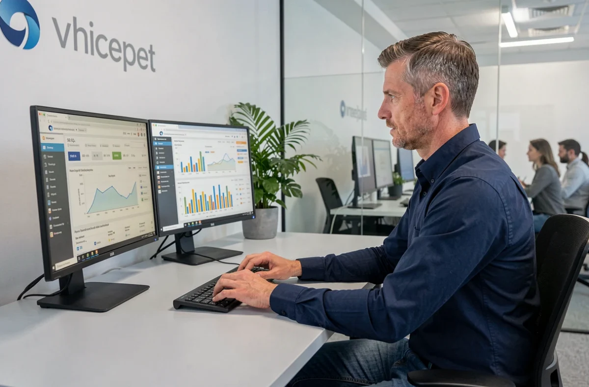 Stratège SEO de l'agence Noiise à Lille analysant des tableaux de bord d'acquisition digitale sur plusieurs écrans