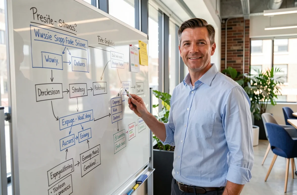 Consultant digital d'Onlinevo présentant une stratégie de site web sur un tableau en verre dans un espace de co-working moderne