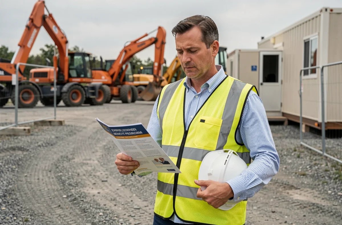 Ouvrier de chantier consultant les avantages employés CE et CSE sur un site de location d'engins Loxam