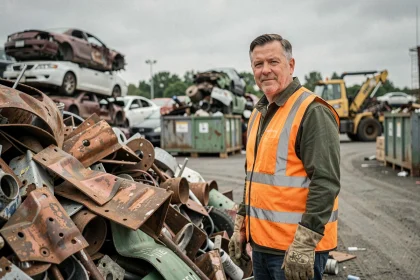 Ouvrier en gilet de sécurité orange dans un centre de recyclage Derichebourg entouré de ferrailles triées