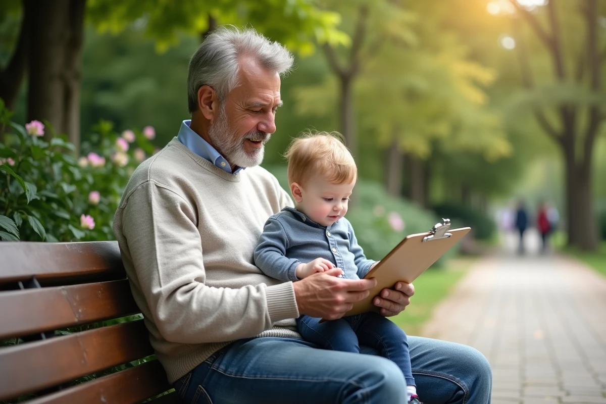 Père et son enfant en plein air dans un parc avec papiers