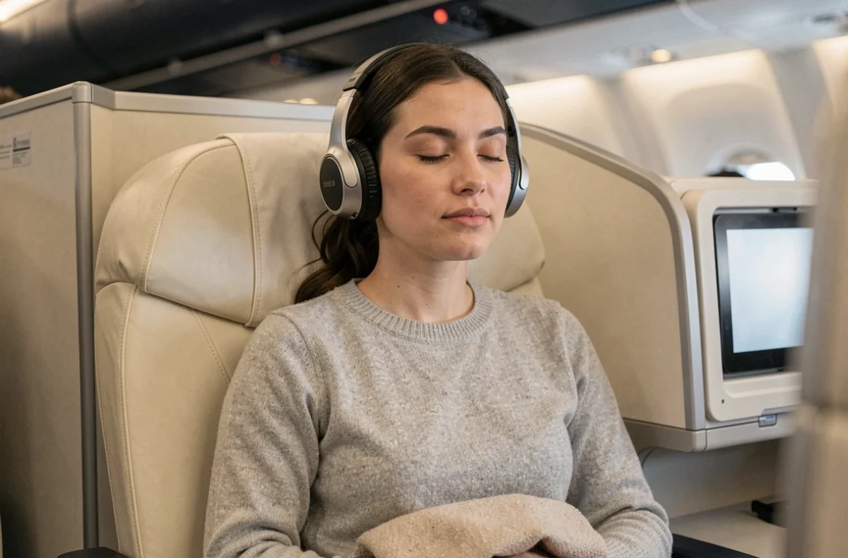 Passagère en classe affaires portant un casque antibruit dans un siège en cuir crème lors d'un vol long-courrier